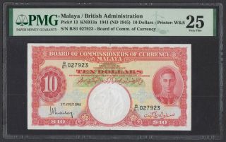Malaya 10 Dollars 1941 1945 (pick 13) Pmg - 25