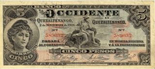 Guatemala 5 Pesos Banco Occidente Banknote 1921 Xf/au