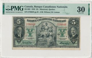 Canada Banque Canadienne Nationale 5 Dollars 1935 276649 - Pmg 30 Very Fine