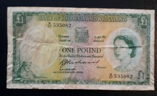 Rhodesia & Nyasaland Elizabeth Ii One Pound Banknote 1960