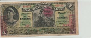 El Banco Nacional De Mexico Paper Money 1 Peso 1889
