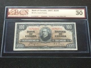 1937 Bank Of Canada $100 Bcs Vf30 - Coyne - Towers