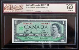1967 Bank Of Canada $1 Dollar Low Serial 174 H/p Prefix Bcs Ch.  Unc - 62 Bc - 45b - I