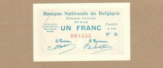 Belgium: 1 Franc Banknote,  (unc),  P - 81,  1914,