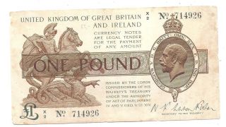 Great Britain 1 Pound 1919 In (avf) Banknote P - 357