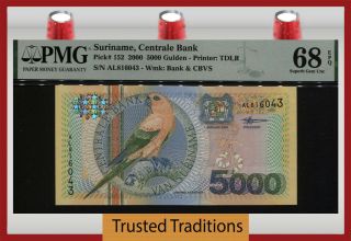 Tt Pk 152 2000 Suriname Centrale Bank 5000 Gulden Bird Pmg 68 Epq Gem Unc