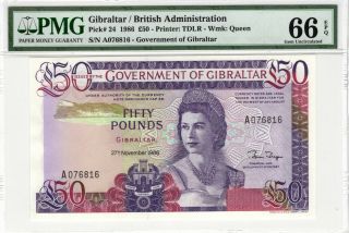 Gibraltar Pmg Certified Banknote 1986 50 Pounds Unc 66 Epq Gem Pick 24 Tdlr