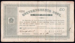 1900 South Africa,  Boer War Zar £10 Pounds Banknote 6255 Vf P - 56b