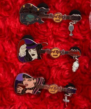 3 Hard Rock Cafe Pins Set Online Gothic Guitar Skull Cross Girl Dangle Halloween