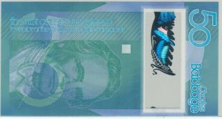 Polymer Test Note De La Rue,  portrait Babbage 50 blue type with Owl Hologram 3