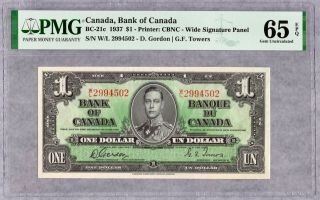 1937 Bank Of Canada $1 Banknote,  W/l Gordon/towers,  Pmg Unc - 65 Epq