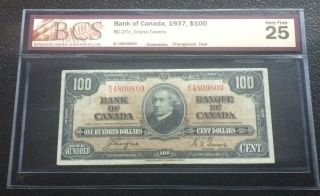 1937 Bank Of Canada $100 Bcs Vf 25 - Coyne - Towers