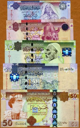 Set,  Libya,  1;5;10;20;50 Dinars,  (2008 - 2009),  P - 71;72;73;74;75,  Unc - - Gaddafi