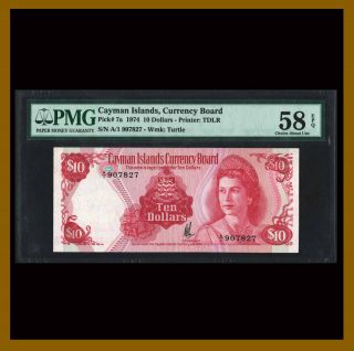 Cayman Islands 10 Dollars,  1974 P - 7a Pmg 58 Qe Ii First Prefix A/1 About Unc /la