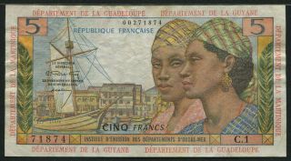 French Antilles 1964,  5 Francs,  71874,  P7a,  Signature 1,  Vf