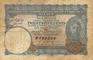 Malaya 25 Cents 1.  9.  1940 P 3 Series F Wwii Issue Circulated Banknote Lbr