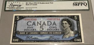 1954 Bank Of Canada $5 Replacement Note - Legacy Choice Au58 Ppq S/n: A/c0019784