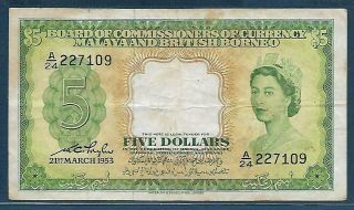 Malaya & British Borneo Malaysia Singapore 5 Dollars,  1953,  P 2a,  Vf