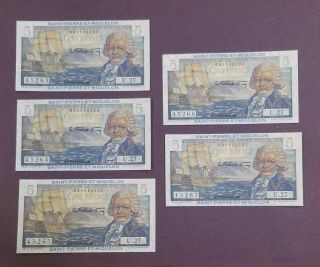 Set Of 5 Saint Pierre And Miquelon 1950 Consecutive Uncirculated Cinq Francs