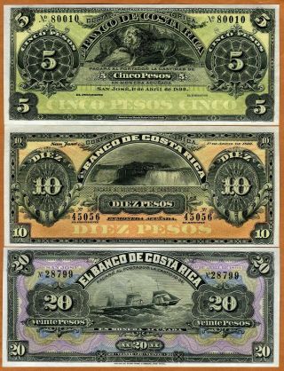 Set Costa Rica,  5 - 10 - 20 Pesos,  1899,  P - S - 163r - 164r - S165r,  Unc