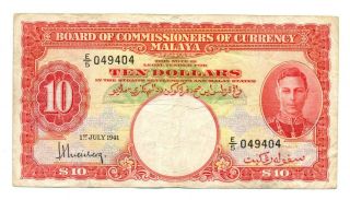 Malaya British Administration Board Of Commissioners 10 Dollars 1941 F/vf P 13