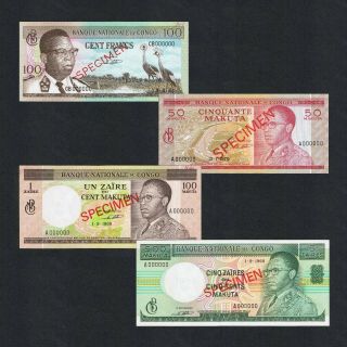 Set 1960s Congo 100 Francs 0.  5 1 5 Zaires P - 6as 11as 12as 13bs Aunc Specimen Nr