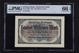 1923 Germany State Sachsische Bank 100million Mark Pick S965 Pmg 66epq Gem Unc
