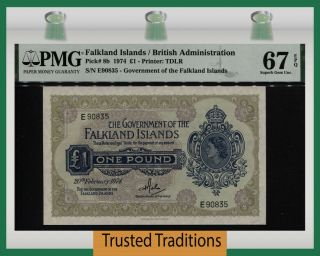 Tt Pk 8b 1974 Falkland Islands 1 Pound Queen Elizabeth Ii Pmg 67 Epq Gem