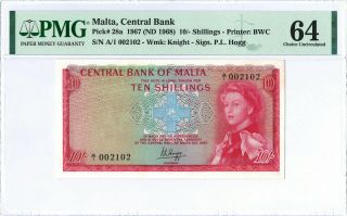Malta 10 Shillings P28a 1967 Pmg 64 " First Prefix " A/1 002102 Queen Elizabeth Ii