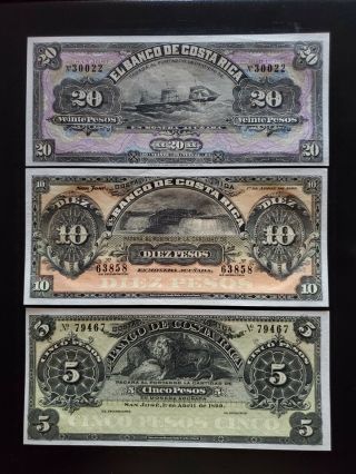 1899 Costa Rica Set Of 3 Bank Notes Uncirculated