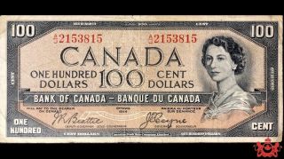 1954 Bank Of Canada 100$ Devil Face Beattie/coyne A/j2153815 - Vf -
