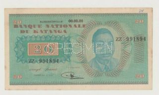 Katanga P 6 Speciment Shombe 20 Francs 1960 Province Autonomy Xf