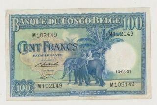 Belgian Congo P 17d 100 Francs 13.  03.  1951 Elephant Oxen Vf