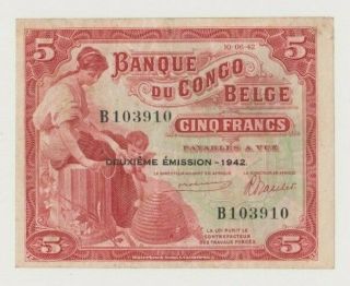 Belgian Congo P 13 Elephant 5 Francs 1942 Woman With Child Vf