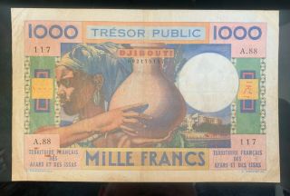 French Affars & Issas 1000 Francs 1974 Pick 32 F/vf