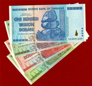 Zimbabwe 4 Notes 10,  20,  50 & 100 Trillion Dollars Aa 2008 Unc (canadian Seller)