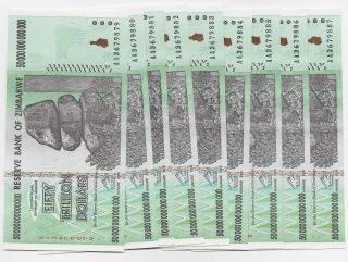 9 X Zimbabwe 50 Trillion Dollars 2008,  Obsolete,  Series Aa,  Circulated