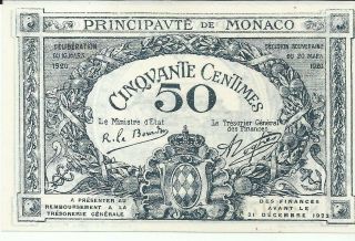 Monaco 50 Centimes 1920 P 3.  Unc.  7rw 02gen