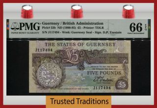 Tt Pk 53b Nd Guernsey / British Admin 5 Pounds Pmg 66 Epq Gem Unc Tied As Best