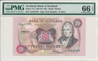 Bank Of Scotland Scotland 20 Pounds 1993 S/no 447x7x Pmg 66epq