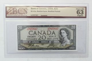 Bank Of Canada 1954 $20 Dollar Modified Portrait Note Bcs Graded Choice Unc 63