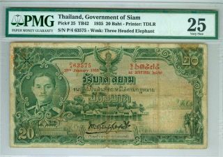 Thailand Government Of Siam 1935 20 Baht P - 25 Pmg Vf - 25
