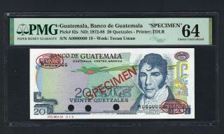 Guatemala 20 Quetzales Nd (1972 - 88) P62s Specimen Tdlr Uncirculated