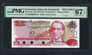 Guatemala 10 Quetzales Nd (1971 - 83) P61s Specimen Tdlr Uncirculated