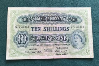 East Africa 1956 Issue Queen Elizabeth Ii 10 Shillings Rare Date Note Vf.