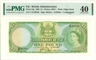 Fiji 1 Pound Currency Banknote 1965 Pmg 40 Xf