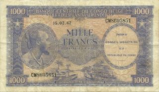 Congo 1000 Francs 1962 P - 2 Congo Belge & Ruanda Urundi Antelope Canoes