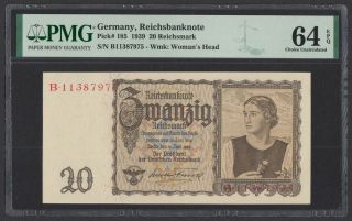 Germany 20 Reichsmark 1939 Unc (pick 185) Pmg - 64 Epq