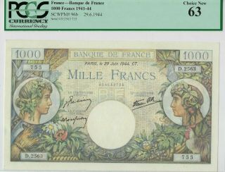 France 1000 Francs 1944 P - 96b Uncirculated Pcgs 63 Wwii Currency