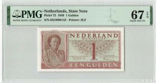 Netherlands 1 Gulden 1949 State Note Pick 72 Pmg Gem Uncirculated 67 Epq